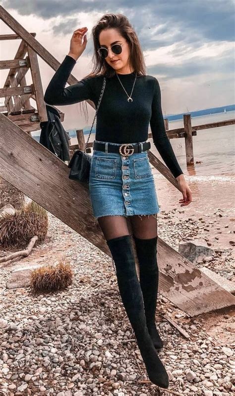 jean skirt and boots outfit